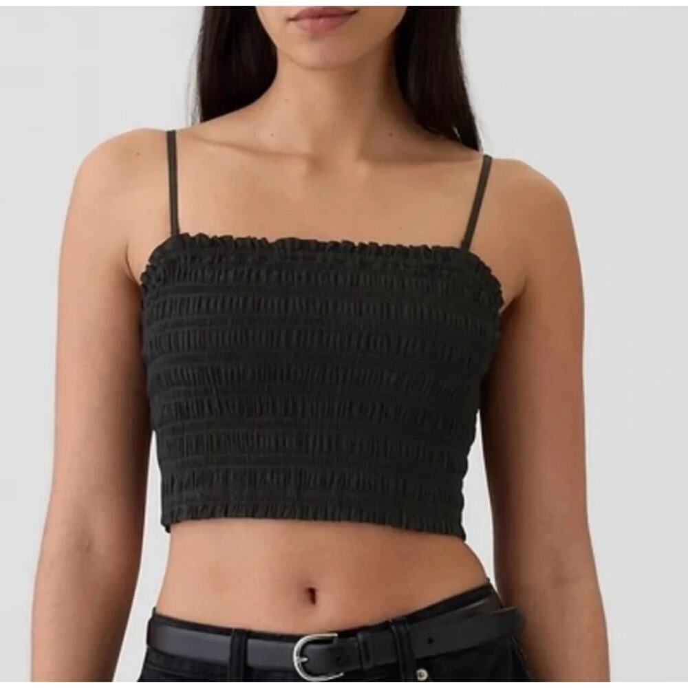 GAP Cropped Smocked Cami Spaghetti Strap Tank Top Sleeveless Black SMALL NEW